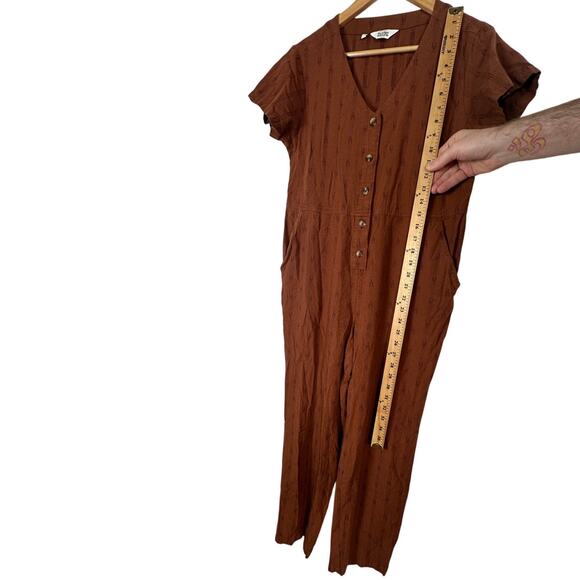 Bridge & Burn S Milo Jumpsuit Organic Cotton Coveralls Dobby Stripe Rust Brown - Picture 6 of 10